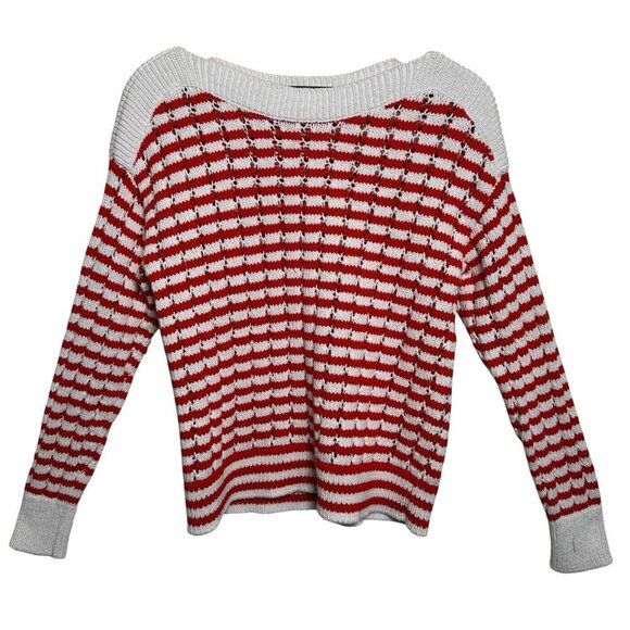 Loft Medium Stripe Open Weave Stitch Boatneck Sweater Red White Xmas Holiday Y2K - Picture 2 of 10